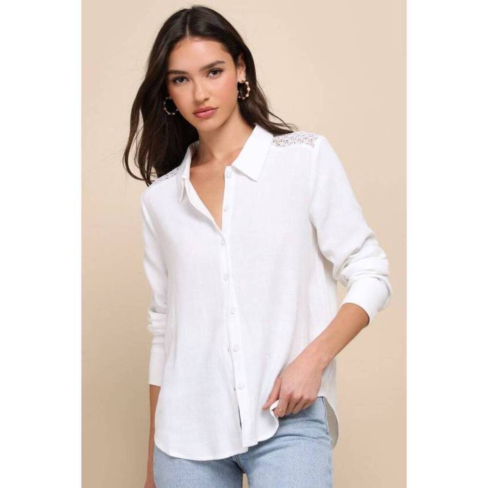 Lulus Sophisticated Flair Ivory Crochet Lace Button-up Top White - Size L